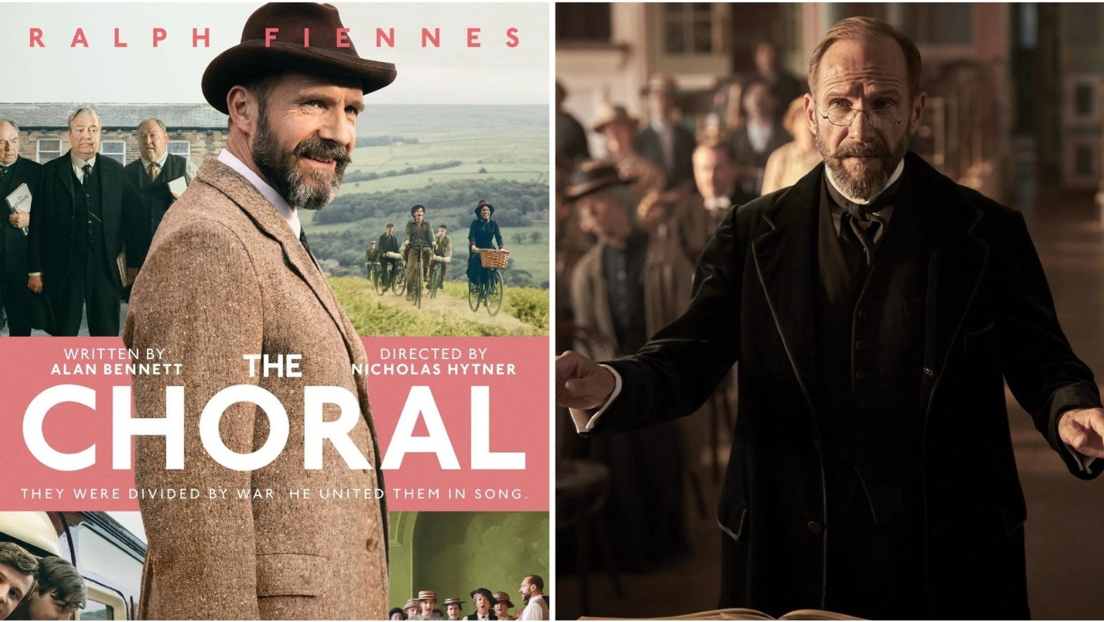 The Choral film official poster + still of Ralph Fiennes in The Choral